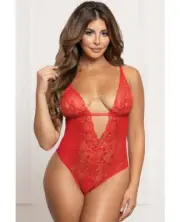 Seven 'til Midnight Red Lace and Mesh Open Crotch Teddy w/Rhinestone Detail