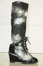 $2120!! NEW CHANEL BLACK PATENT SILVER Pony Skins CC WEDGE BOOTS 39 Shoes