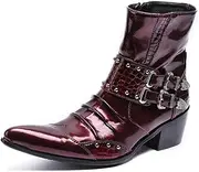 [Generic] Ankle Boot for Man High Top Boot Slip On Genuine Leather Exquisite Rivet Buckle Decoration Pointed Toe Side Zipper Men's Leather Shoes