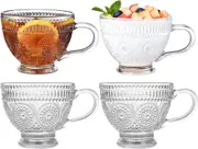 Large Embossed Tea Cup, Christmas Ribbed Coffee Mug Sets for Cereal Cappuccino Dessert, Crystal Friend Mum Gift (4 Pack)