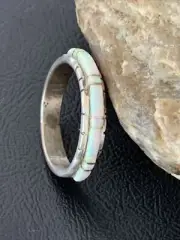 White Opal Inlay Southwestern Navajo Sterling Silver Ring Size 10.5 10617