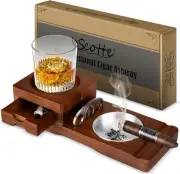 Ashtray Coaster Whiskey Glass Tray & Wooden Ash Tray with Cigar Cutter,Includ...