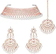 [Aheli] Rose Gold Plated Kundan & Beads Studded Necklace Earrings Maangtikka Set Ethnic Jewellery for Women Design 2, One Size, Metal, No Gemstone