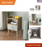 NightStand with Fabric Drawer, Bedside Table with Solid Wood Legs, Minimalist...