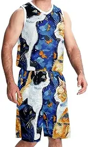 [KQNZT] Basketball Jerseys Shorts Sport Set, Outfit Tank Top Track Shorts, Men's Athletic Basketball Jerseys, Retro Abstract Art Rooster