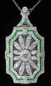 Art Deco Style Lab Created Diamond Emerald Woman's Pendant 14K White Gold FN