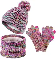 [fdsmall] Children's Winter Hat Scarf and Gloves Set, 3 Pieces Knitted Warm Crochet Thick Fluffy Gaiter Snood Scarf Hat Two Finger Touchscreen Gloves Set with Faux Fur