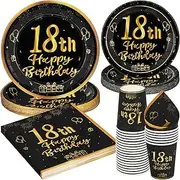 PARTY GO 96 Pcs Happy 18th Birthday Tableware Set, Black and Gold Paper Plates Cups and Napkins, Disposable Dinnerware Party Decorations for Women,Men 18th Birthday Party Supplies Serve 24 Guests