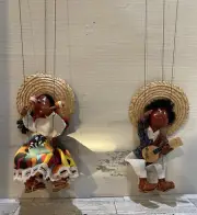 2 Vintage String Puppet Marionette Mexican Folk Art Senorita 10” Senor Puppet