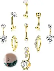 [Morfetto] Hypoallergenic Gold Belly Button Bars - 14K Gold Plated Belly Bar Surgical Steel Silver Belly Button Piercing Cubic Zircon Opal Click Floating Belly Ring Navel Piercing Jewellery 14G 10mm 12mm