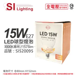 【旭光】LED 15W 3000K 黃光 E27 全電壓 龍珠燈泡 球型燈泡 (8.5折)