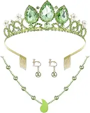 Haysandy 3 Pcs Princess Costume Jewelry Accessory Green Dress-up Crown Green Peal Necklace with Peal Earrings for Dress-up Tiara Birthday Decorations Princess Cosplay Party Accessories