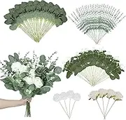 Lenamos 98 Pcs 5 Kinds Mixed Artificial Eucalyptus Stems and Faux Flowers,Fake Silver Dollar Eucalyptus Leaves Stems Real Touch Leaf Branches for DIY Bouquets Floral Arrangement Wedding Home Decor