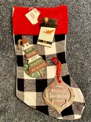 Set of 3 Buffalo Plaid Christmas Ornaments & Stocking Farmhouse, Rustic NEW!