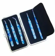 Professional blue white Eyelash Extension Tweezers set of 5 with Magnetic Case