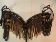 Western Brown Leather Tack Set of headstall and Breast Collar with Fringe