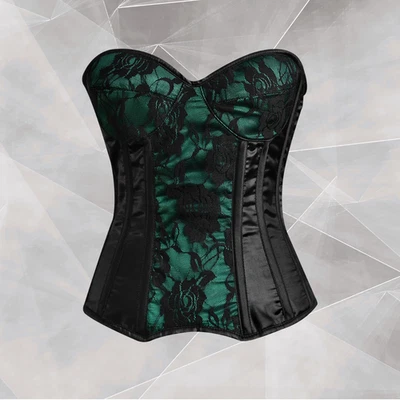 Green Mesh & Black Lace Overbust Corset Top Gothic Steampunk Bustier Lingerie