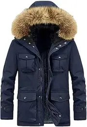 [Generic] Mens Winter Plus Size Fleece Lined Thermal Parkas With Faux Fur-Collar Hood Outdoor Windproof Warm Outwear
