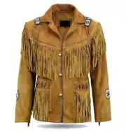 Men Western suede leather Cowboy Jacket fringe with beaded work
