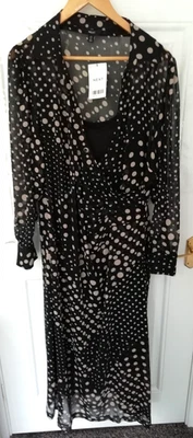 Next 16 Dress Black Beige Spot Polka Chiffon Crinkle Cami Lined Wrap Effect New