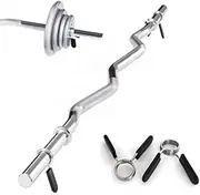 HCE Ezy Curl Bar with Spring Collar Locks - 122CM Barbell Standard Curl Bar, 47-Inch Solid Steel Chrome Bar, Super Triceps Curl Handle Bar for Power Weightlifting, Bodybuilding - Fitness Gym Exercise Equipment Accessories