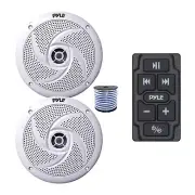 Pyle Marine Bluetooth Controller, 2x 8'' 320W Boat Speakers (White) w/Wire
