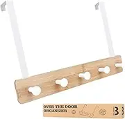 Badiano Over The Door Hook Hanger, Bamboo Coat Rack with 5 Metal Hooks, Wood Clothes Organizer for Coat, Towels, Bags, Robes (White)