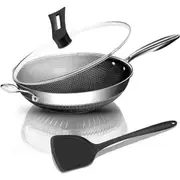 12.5 Inch Wok Pan with Honeycomb Lid with Handle Wok Pan, PFOA Free Suitable for Electric and Gas Induction Ceramic Stoves