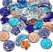 DomeStar 2 LB Glass Pebbles for Decorative, Sun Moon Stars Flat Marbles Glass Beads Glass Gem for DIY Aquarium Vase Fillers(35-40pcs)