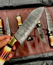 Bone Handle 9Pcs CUSTOM HANDMADE CHEF SET DAMASCUS FORGED STEEL KITCHEN KNIFE