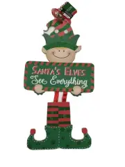 Christmas Wall Shelf Hanging Elf Santa's Elves See Everything 15" X 9" Sign