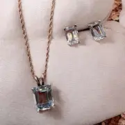 Sterling Silver Blue Topaz Pendant Earring Set 18” Chain Square Emerald Cut