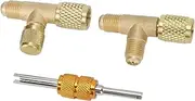 Quick Coupler Access Tee, Brass Leak Proof 1/4 Inch Valves Core Tee Adapter with Valves Core Wrench and Swivel Connector Durable Air Conditioning Line Repair Tools for Gauge Deep Vacuum Pump Manifold