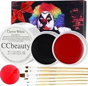 CCbeauty Face Paint Theatre Make-Up Paint White Black Red with Clown Nose and Makeup Brush, Face Colour Set for Children's Parties, Halloween, Carnival, Theme Parties, Zombie Vampire Clowns