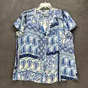 Rose + Olive Top Womens Plus 1X Blue Floral Paisley Boho V neck Button Up shirt