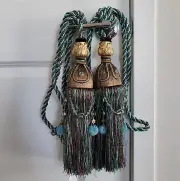 Nwot Blue brown beaded tassel curtain tie back holder rope pair