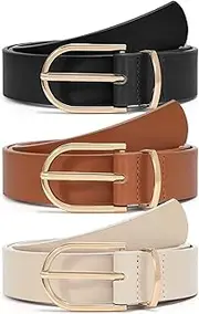 [JASGOOD] 2 Pack Women's Leather Belts for Jeans Pants Fashion Gold Buckle Ladies Dress Belt Black Brown S