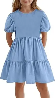 [Generic] Girls Dresses Sparkly Elegant O Neck Daily Dress Solid Color Short Dress Girls Back