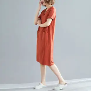 韓系簡約顯瘦口袋連身裙 棉質感舒適連身洋裝 純色V領顯瘦短袖連衣裙 連身裙 洋裝【1078F】