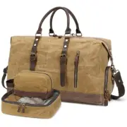 Waxed Canvas Duffel Bag for Travel: Leather Weekender Bag Vintage Brown Khaki
