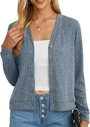 [GRECERELLE] Women's Crop Cardigan Summer Long Sleeve V-Neck Button Down Knit Lightweight Outerwear Shrug Shawl Bolero Cardigans for Ladies, Light Blue, XL