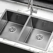 ALFORDSON Kitchen Sink Double Bowls with Waste Strainers & Drainboard, 770 x 450x 205mm, 304 Stainless Steel Water Basin Sinks with 3mm Thick Edge in Silver