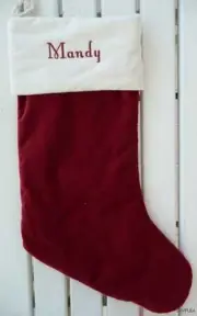 Pottery Barn Red VELVET Christmas Stocking MANDY White Cuff