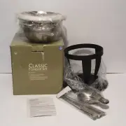 Classic Fondue Set Stainless Steel Pot 6 Forks Ceramic Pot Insert Stand & Base
