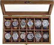 SONGMICS 12-Slot Wood Watch Box - Watch Case, Watch Box Organizer with Large Glass Lid, Watch Display Case with Removable Pillows, Rustic Walnut UJOW120K01