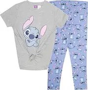 [Disney] Lilo & Stitch Girls 2-Piece Set - Short Sleeve Graphic Print Tie Front T-Shirt and Leggings 2-Pack Bundle for Kids