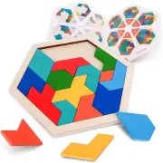 Vanmor Wooden Hexagon Tangram Puzzle for Kids Adults Geometric Shape Pattern ...