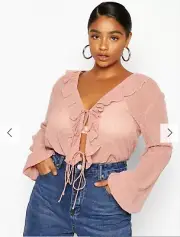 NUDE PEACHY PLUS DOBBY MESH TIE FRONT RUFFLE MIDI BLOUSE sz 20 bnwt