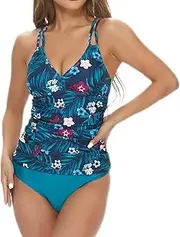 [wadizo] Tankini Women's Tummy Control Set Push Up Ruffle Two Piece Swimsuit High Waist Bikini Swimwear Halter V-Neck Top, darkblue, S