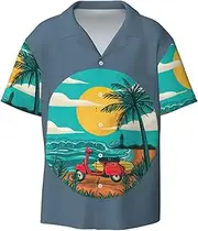 [CADREWY] Sunset Beach Palm Tree Print Men's Lightweight Stylish Classic Cuban Collar Style Short Sleeve Practical Pocket